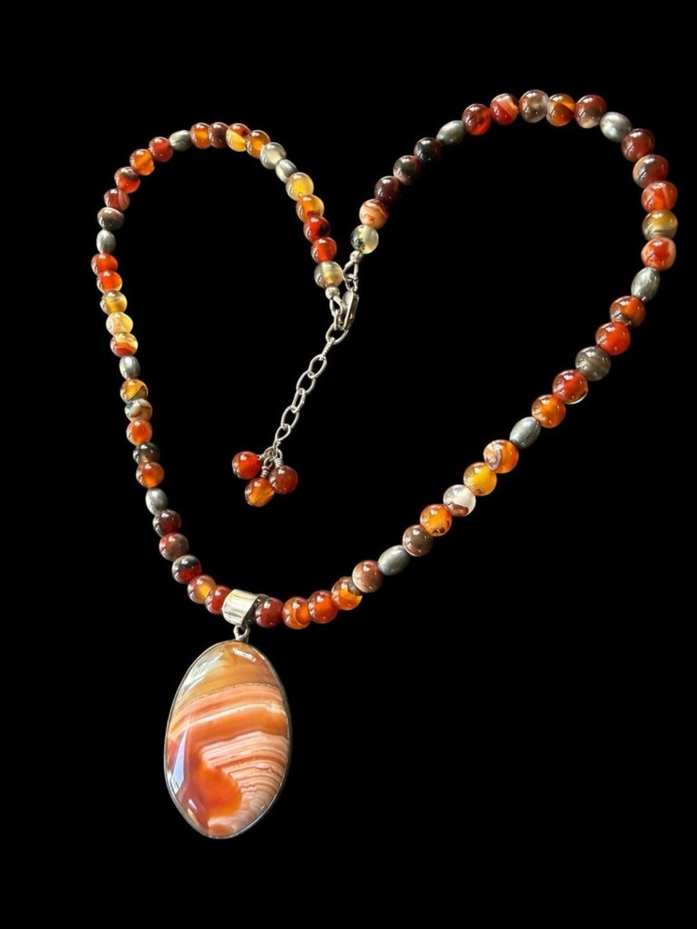Vintage Round Agate Necklace Sterling Silver Adjustable Clasp Teardrop Pendant